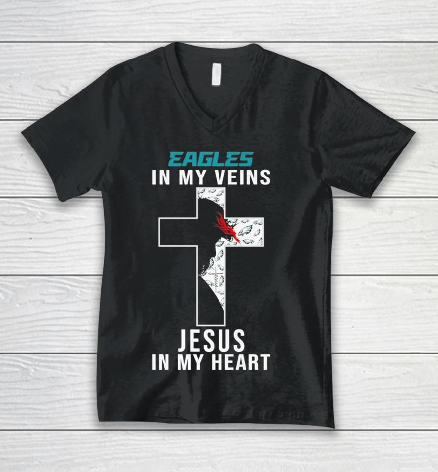 Philadelphia Eagles Nfl In My Veins Jesus In My Heart Cross 2024 Unisex V-Neck T-Shirt