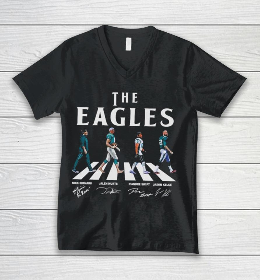 Philadelphia Eagles Walking Abbey Road Nick Sirianni Jalen Hurts D’andre Swift Jason Kelce Walking Abbey Road Signatures Unisex V-Neck T-Shirt