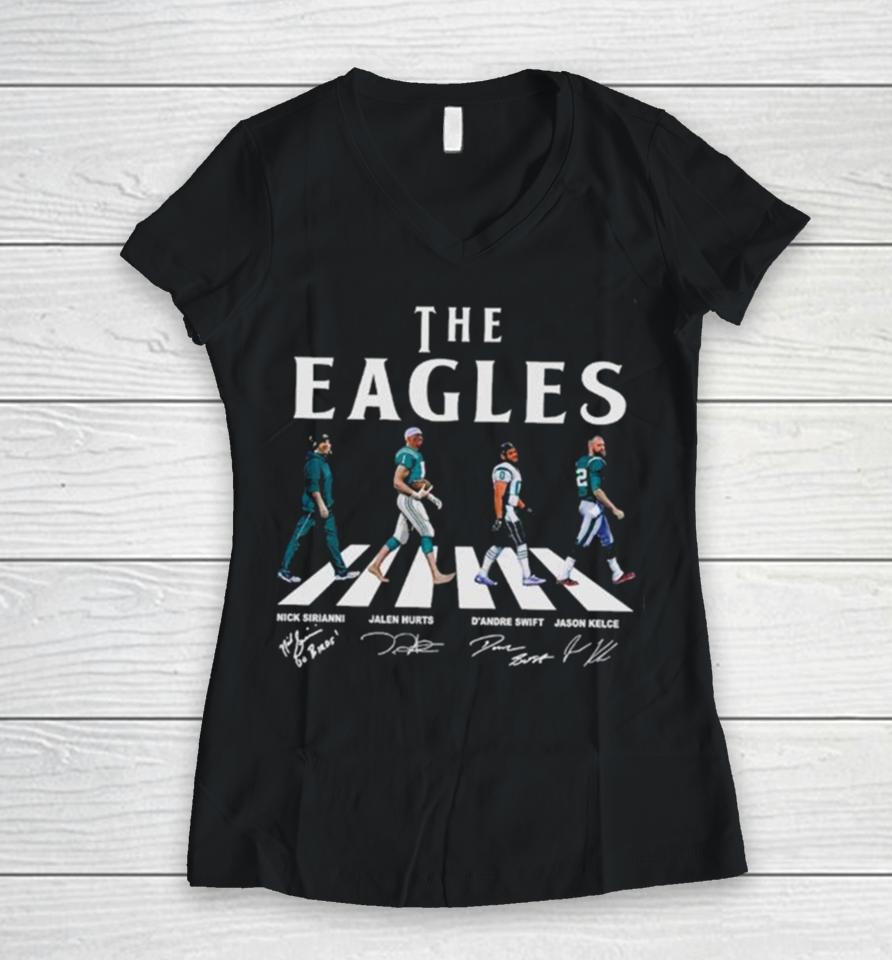 Philadelphia Eagles Walking Abbey Road Nick Sirianni Jalen Hurts D’andre Swift Jason Kelce Walking Abbey Road Signatures Women V-Neck T-Shirt