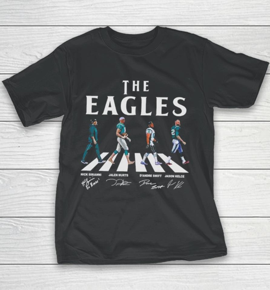 Philadelphia Eagles Walking Abbey Road Nick Sirianni Jalen Hurts D’andre Swift Jason Kelce Walking Abbey Road Signatures Youth T-Shirt