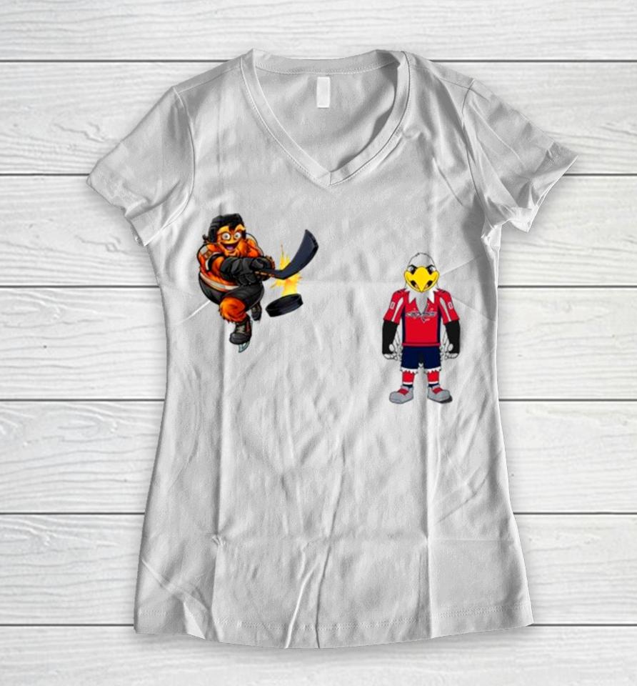 Philadelphia Flyers Vs Washington Capitals Nhl 2024 Mascot Cartoon Hockey Women V-Neck T-Shirt
