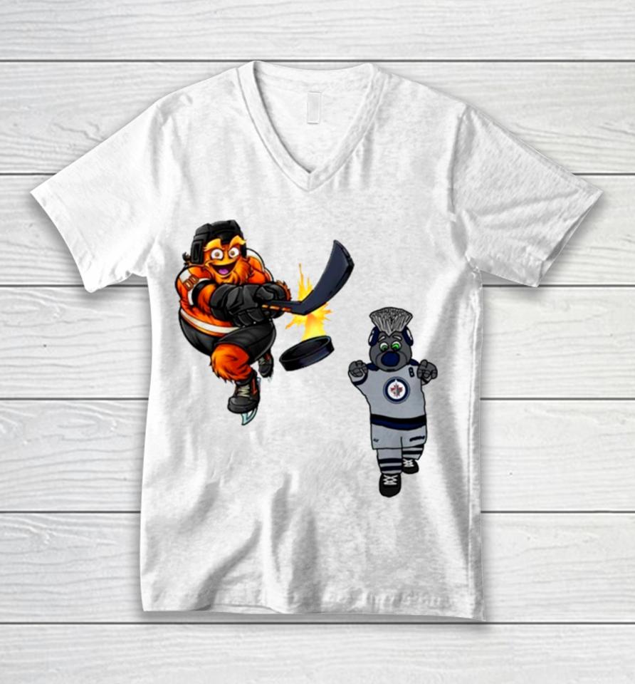 Philadelphia Flyers Vs Winnipeg Jets Nhl 2024 Mascot Cartoon Hockey Unisex V-Neck T-Shirt