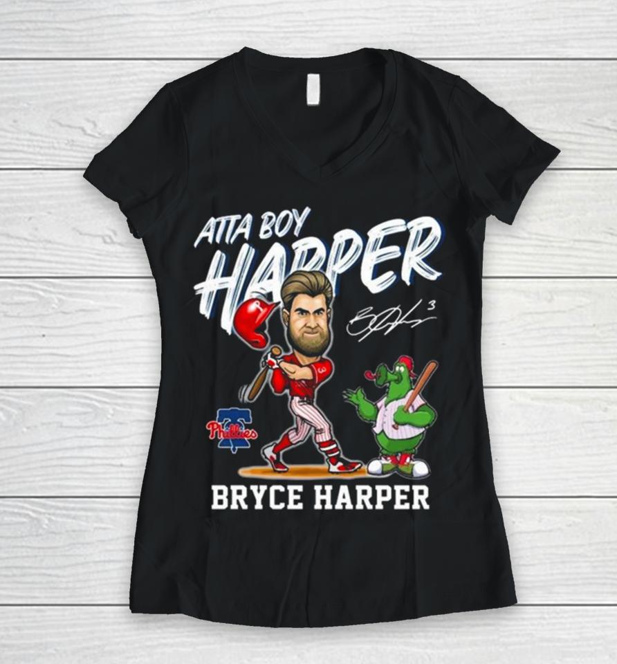 Philadelphia Phillies Atta Boy Harper Bryce Harper And Mascot Signature Women V-Neck T-Shirt