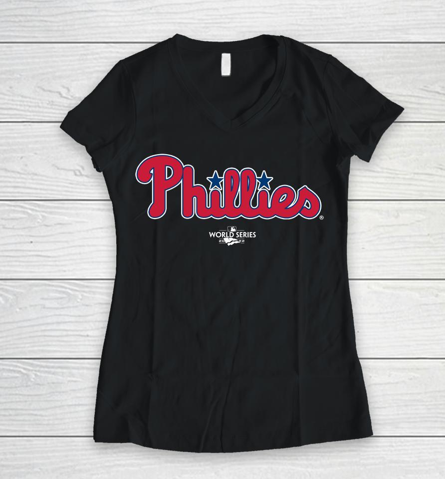 Philadelphia Phillies Bryce Harper Red 2022 World Series Women V-Neck T-Shirt