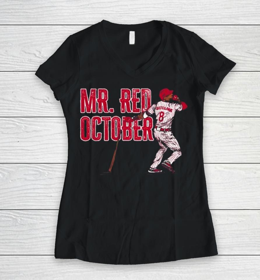 Philadelphia Phillies Nick Castellanos Mr Red October Women V-Neck T-Shirt