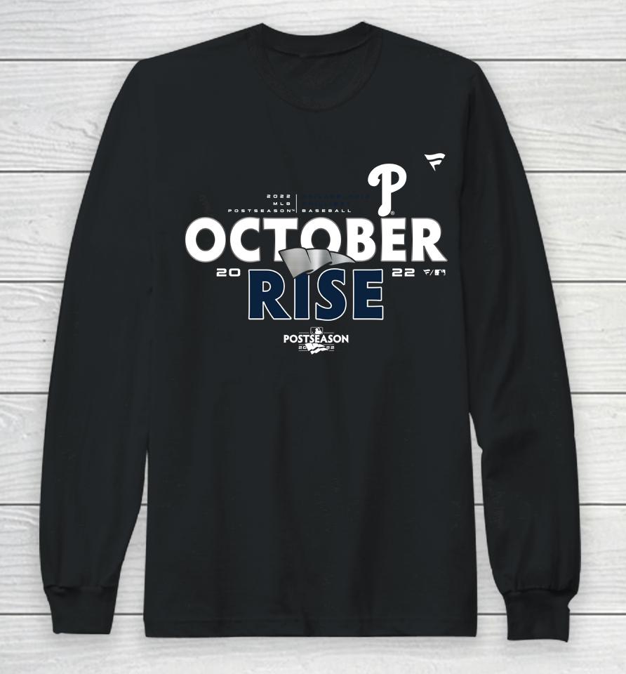 Phillies Pro Shop Mlb Philadelphia Phillies 2022 Postseason Clinched October Rise Ring The Bell Long Sleeve T-Shirt
