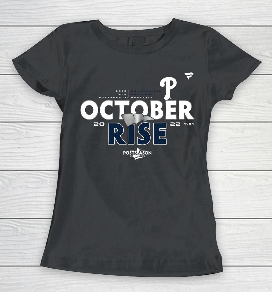 Phillies Pro Shop Mlb Philadelphia Phillies 2022 Postseason Clinched October Rise Ring The Bell Women T-Shirt