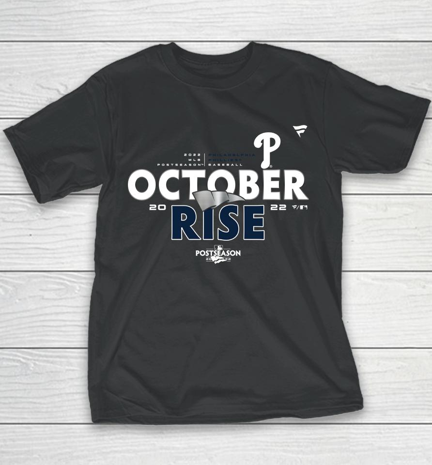 Phillies Pro Shop Mlb Philadelphia Phillies 2022 Postseason Clinched October Rise Ring The Bell Youth T-Shirt