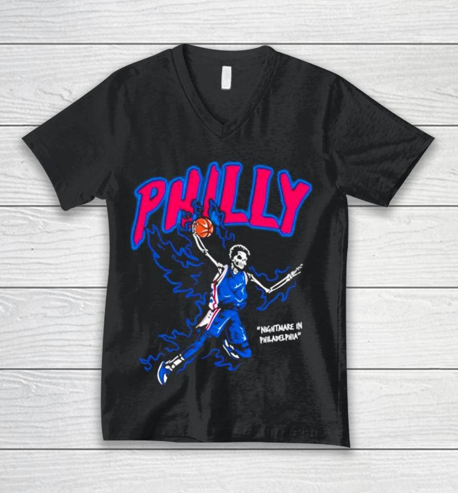 Philly Basketball Nightmare In Philadelphia Skeleton Fire Blue Unisex V-Neck T-Shirt