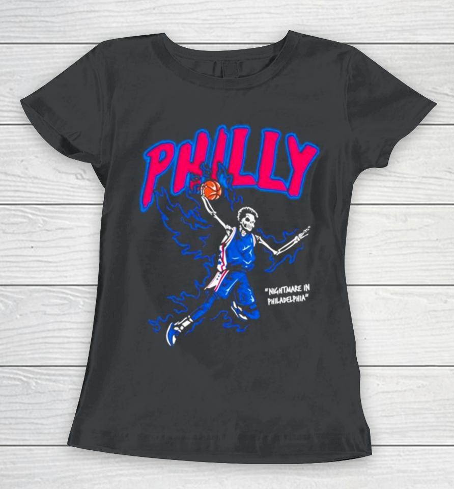Philly Basketball Nightmare In Philadelphia Skeleton Fire Blue Women T-Shirt