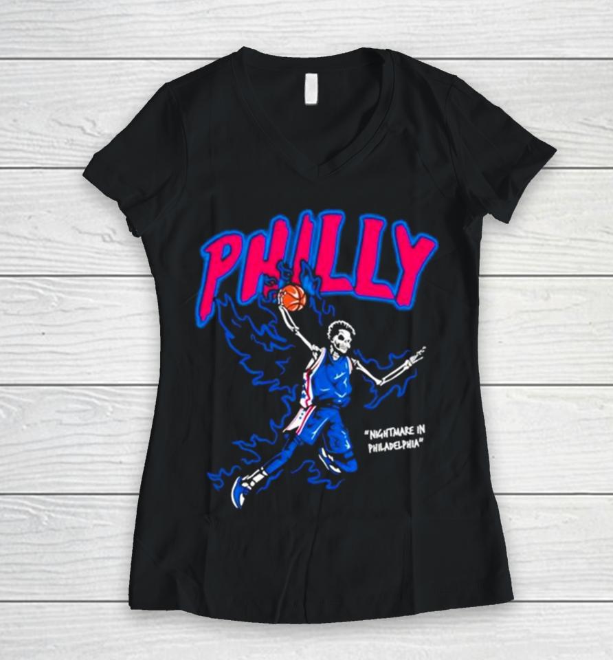 Philly Basketball Nightmare In Philadelphia Skeleton Fire Blue Women V-Neck T-Shirt