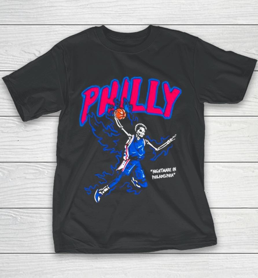 Philly Basketball Nightmare In Philadelphia Skeleton Fire Blue Youth T-Shirt