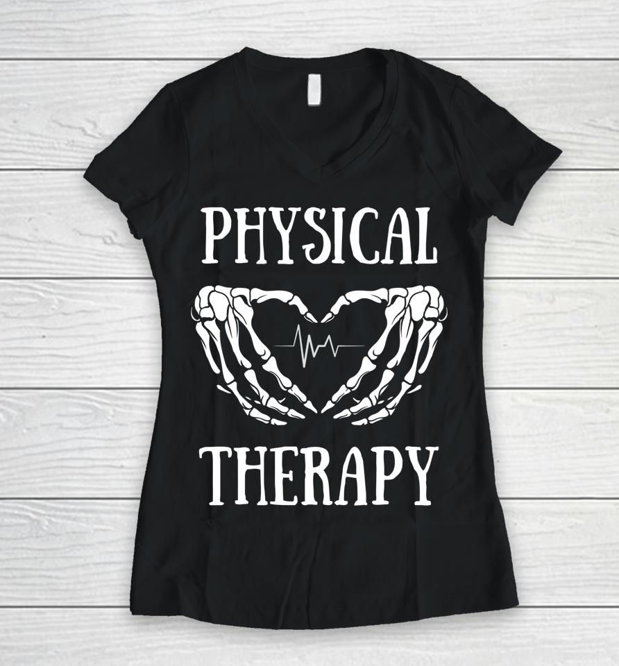Physical Therapy Skeleton Hand Heartbeat Halloween Pt Women V-Neck T-Shirt