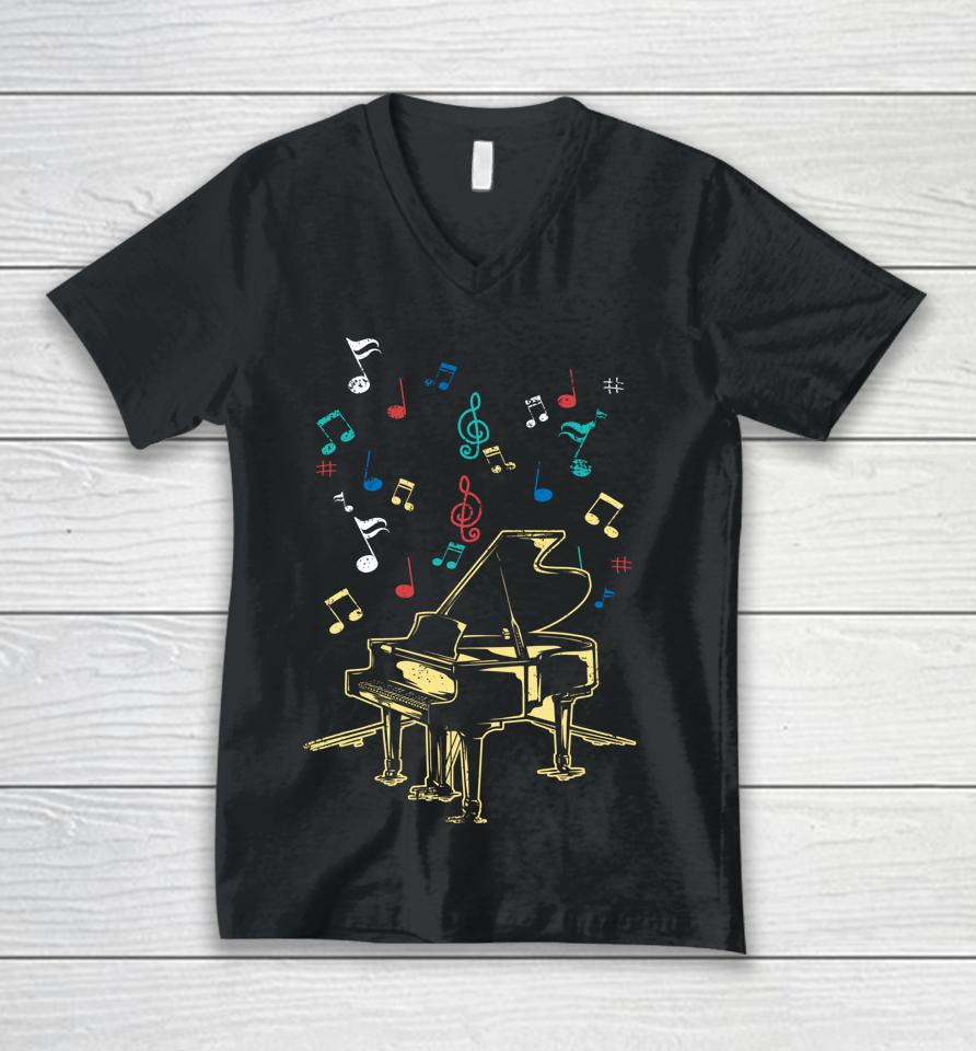 Piano Notes Fly To Success Play Music Grand Concert Unisex V-Neck T-Shirt
