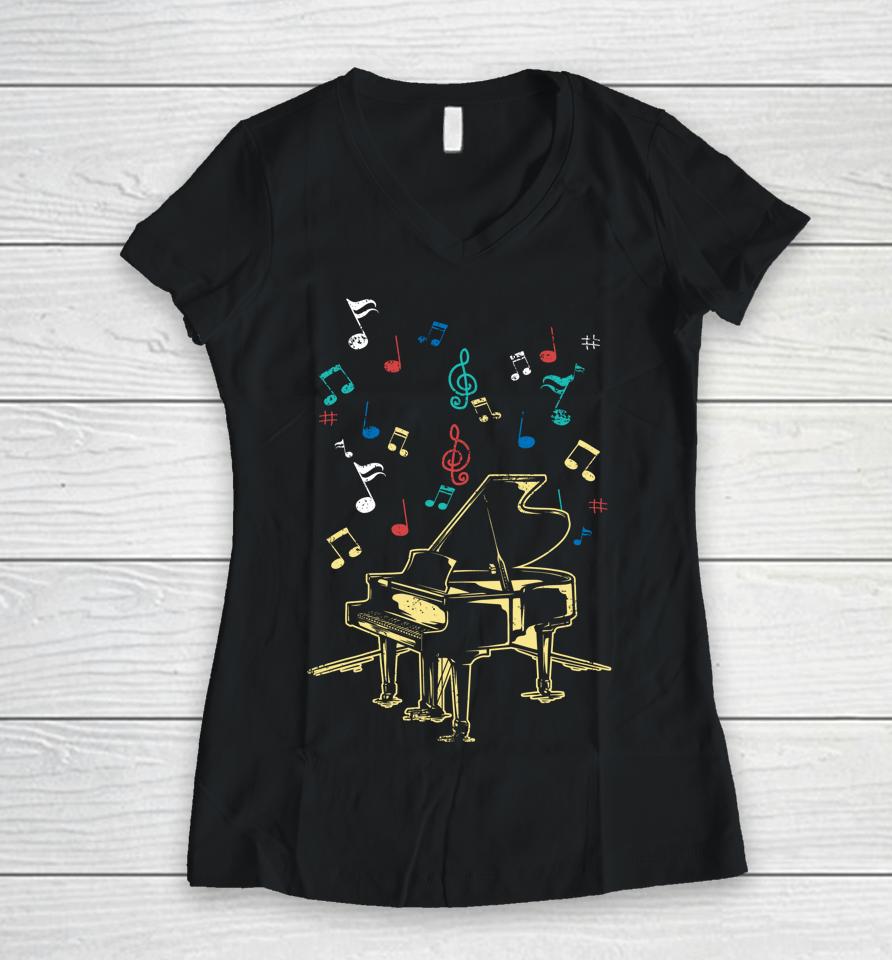 Piano Notes Fly To Success Play Music Grand Concert Women V-Neck T-Shirt