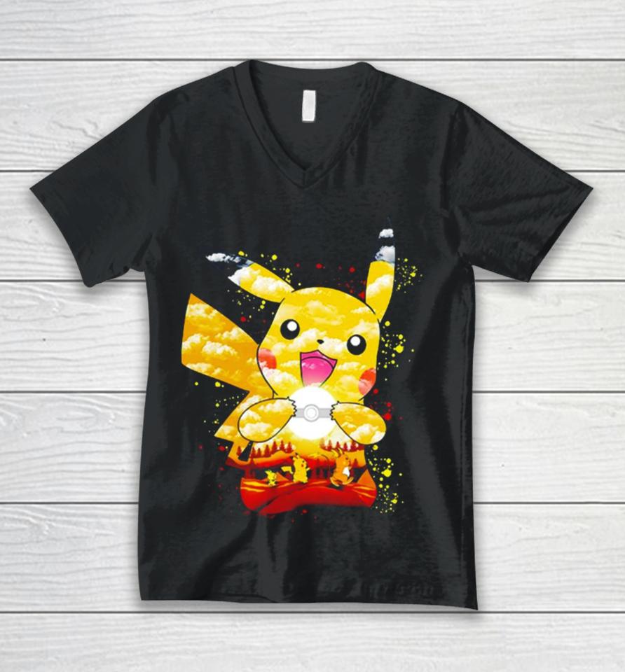 Pichu Pikachu And Raichu Electric Evolution Painting Unisex V-Neck T-Shirt