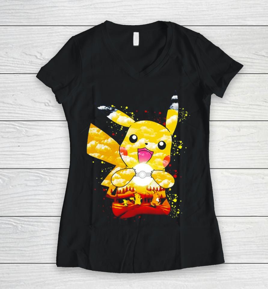 Pichu Pikachu And Raichu Electric Evolution Painting Women V-Neck T-Shirt