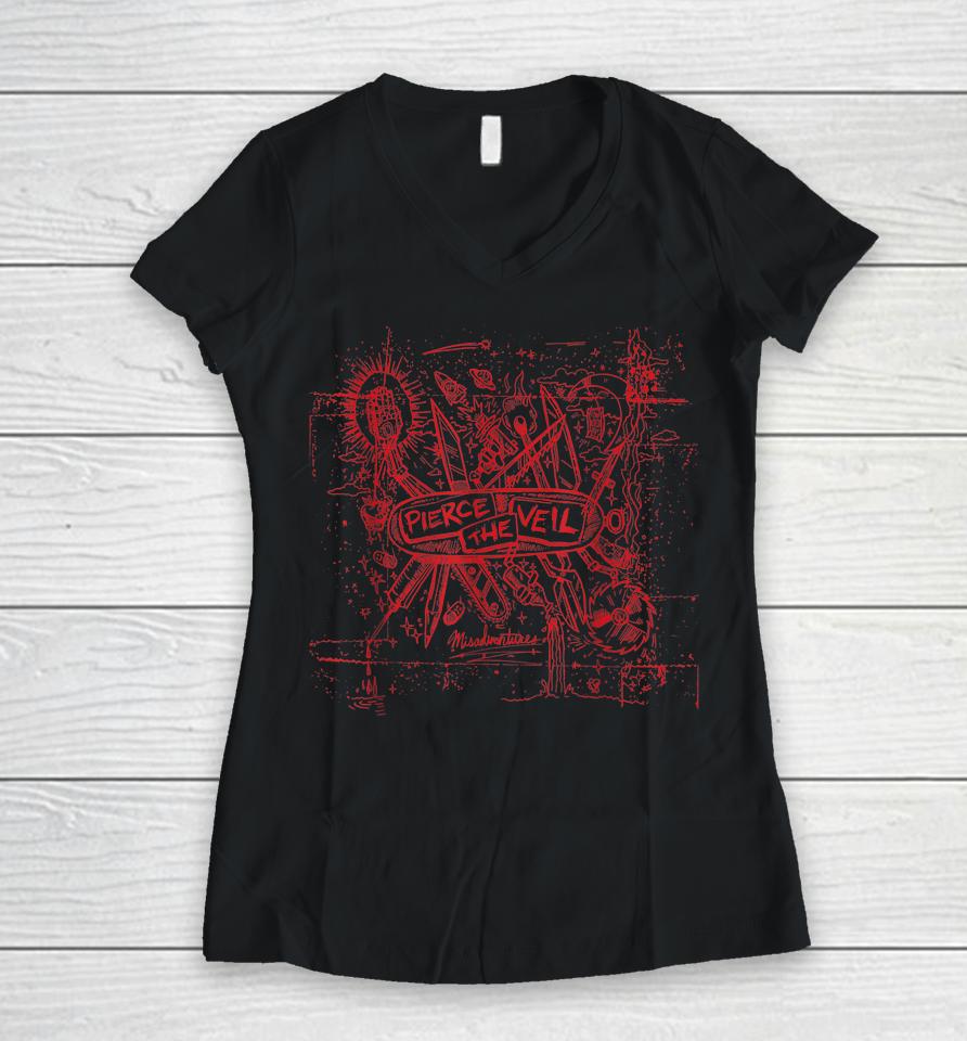 Pierce The Veil - Misadventures Cover In Red Print Women V-Neck T-Shirt
