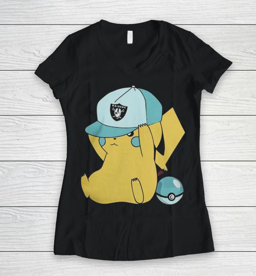 Pikachu Wear The Hat Las Vegas Raiders Football Logo Women V-Neck T-Shirt