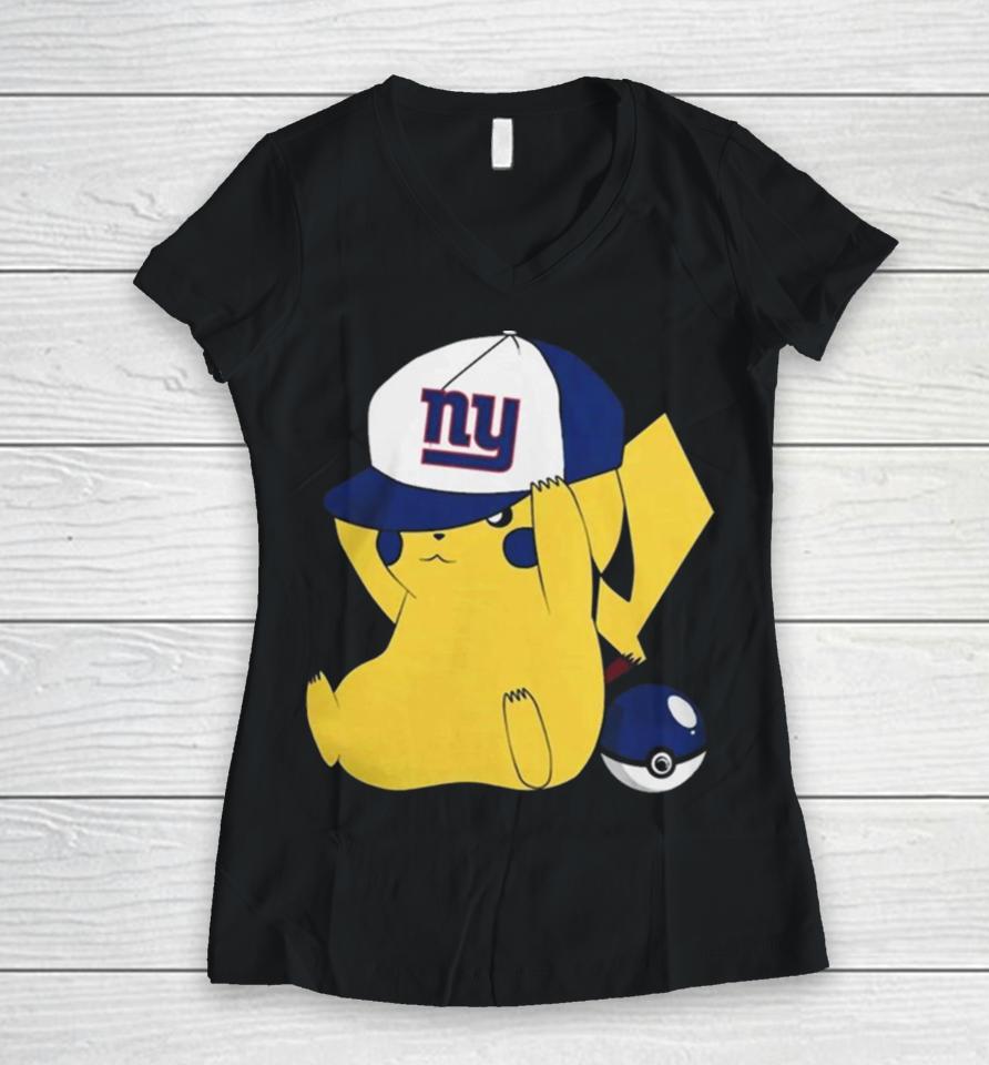 Pikachu Wear The Hat New York Giants Football Logo Women V-Neck T-Shirt