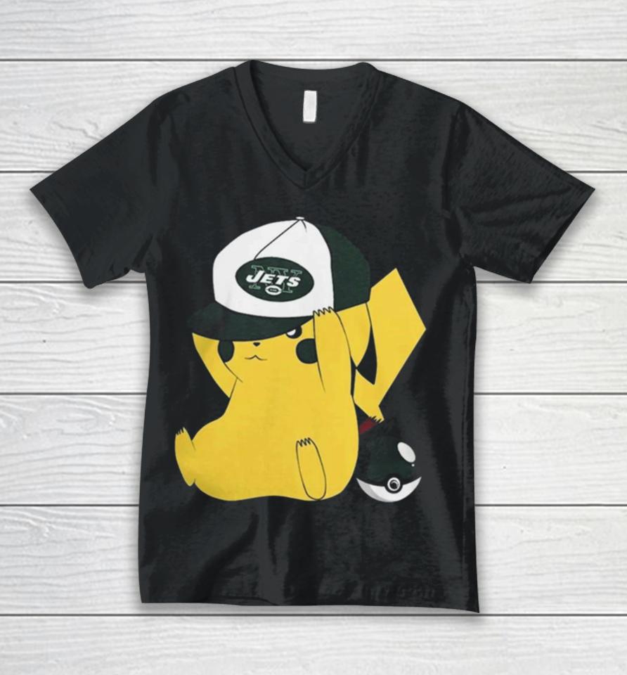 Pikachu Wear The Hat New York Jets Football Logo Unisex V-Neck T-Shirt