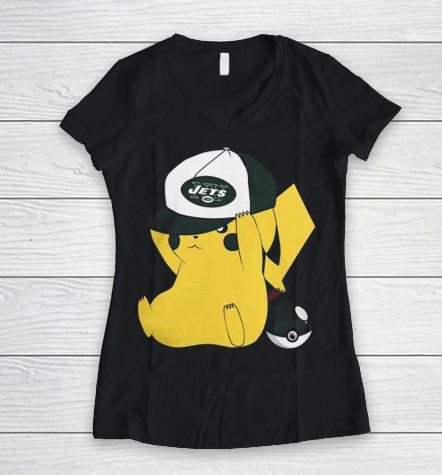 Pikachu Wear The Hat New York Jets Football Logo Women V-Neck T-Shirt