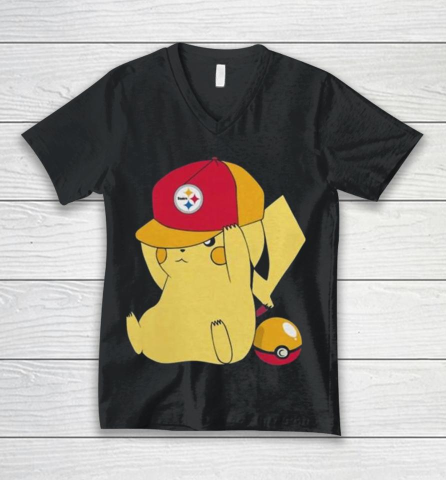 Pikachu Wear The Hat Pittsburgh Steelers Football Logo Unisex V-Neck T-Shirt