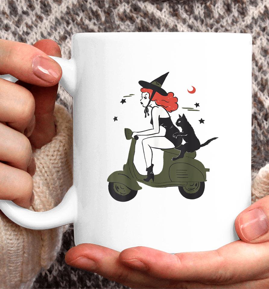 Pin Up Witch Riding Scooter Halloween Black Cat Pinup Girl Coffee Mug