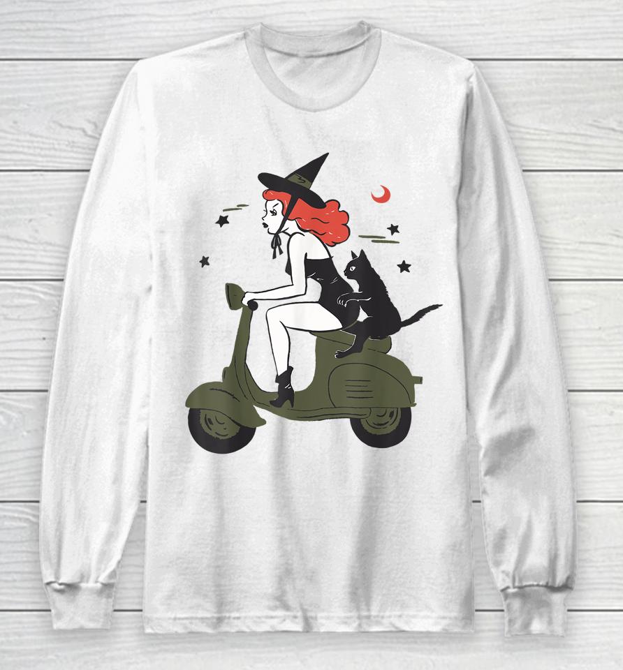 Pin Up Witch Riding Scooter Halloween Black Cat Pinup Girl Long Sleeve T-Shirt