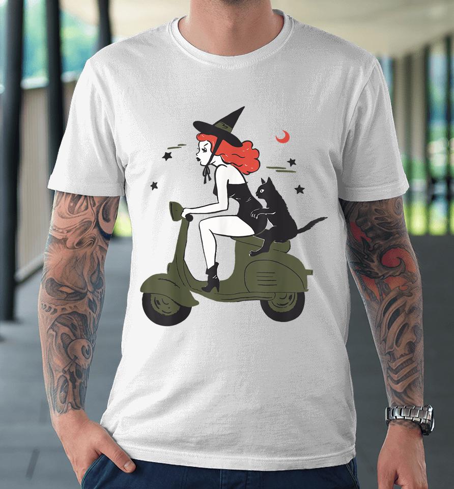 Pin Up Witch Riding Scooter Halloween Black Cat Pinup Girl Premium T-Shirt