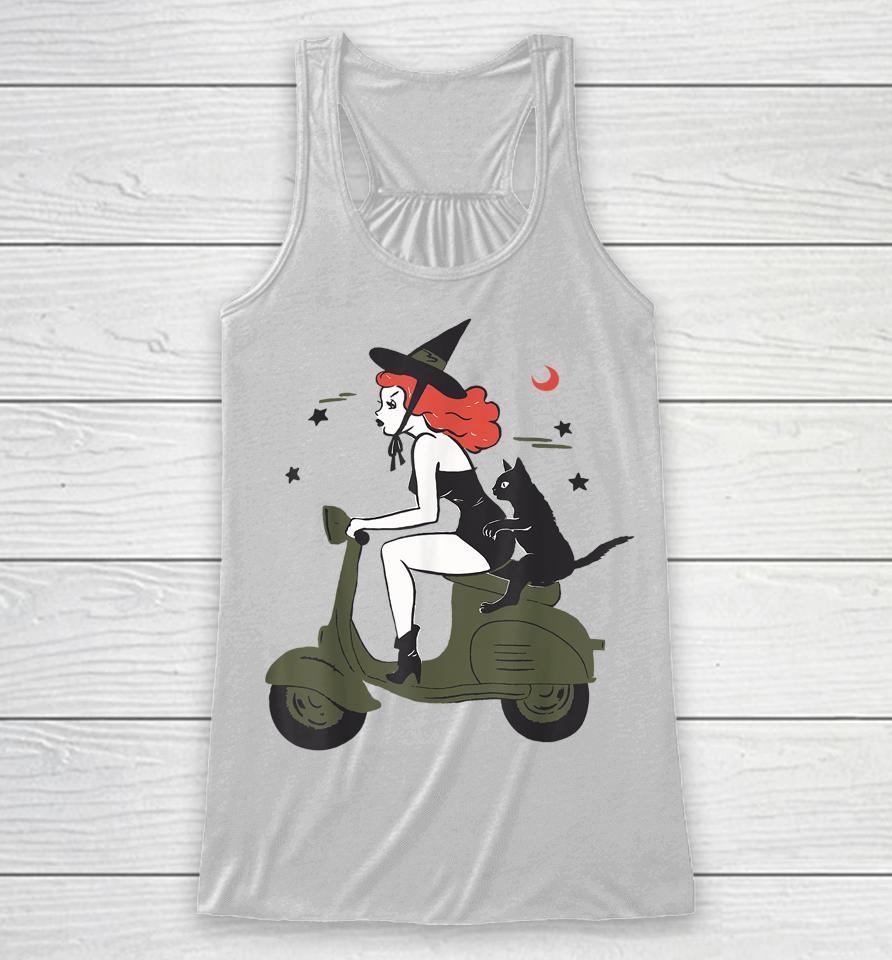Pin Up Witch Riding Scooter Halloween Black Cat Pinup Girl Racerback Tank