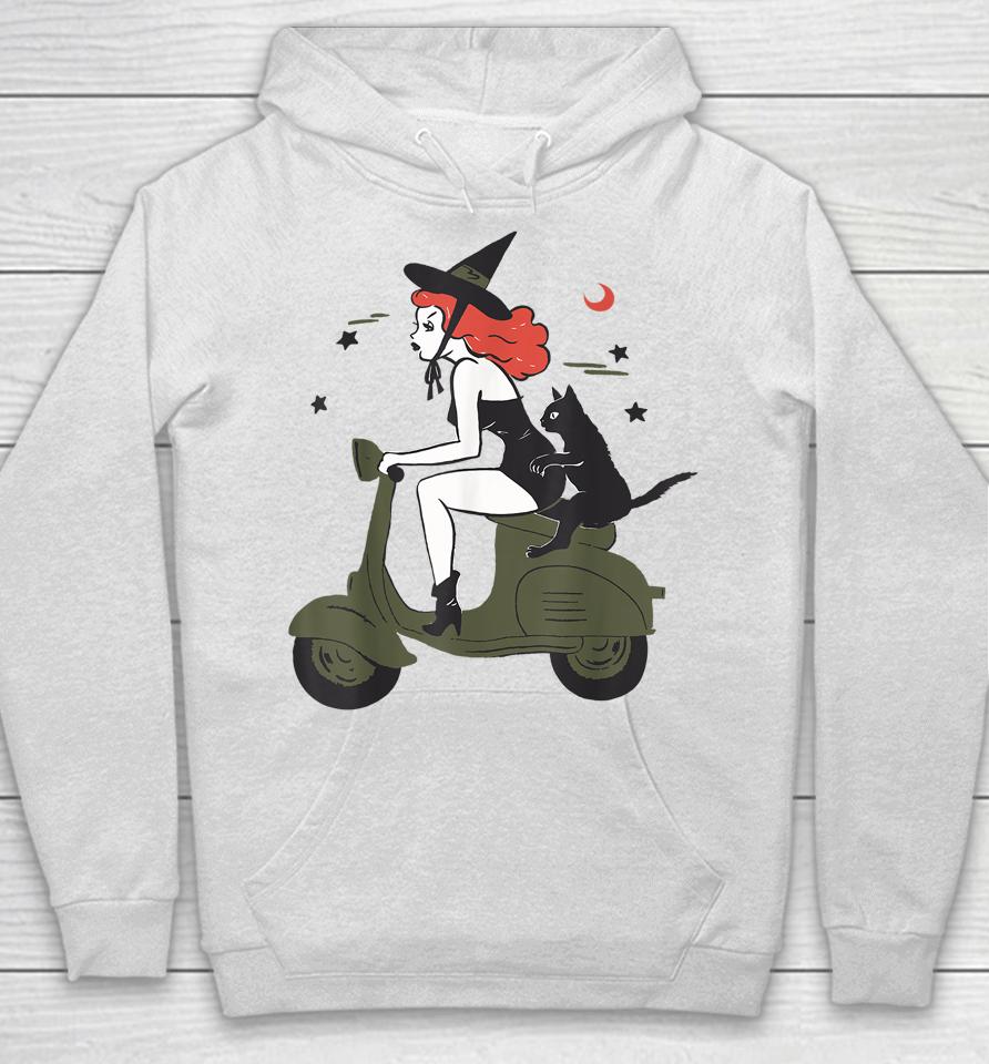 Pin Up Witch Riding Scooter Halloween Black Cat Pinup Girl Hoodie