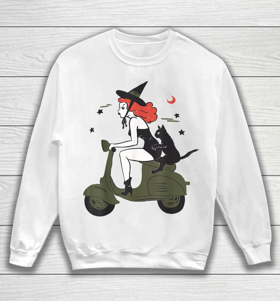 Pin Up Witch Riding Scooter Halloween Black Cat Pinup Girl Sweatshirt