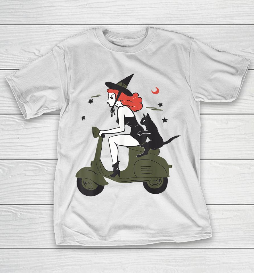 Pin Up Witch Riding Scooter Halloween Black Cat Pinup Girl T-Shirt