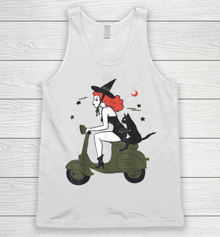 Pin Up Witch Riding Scooter Halloween Black Cat Pinup Girl Unisex Tank Top