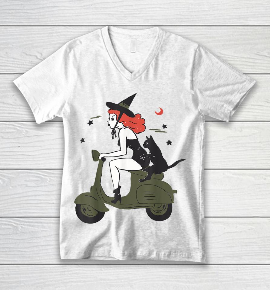 Pin Up Witch Riding Scooter Halloween Black Cat Pinup Girl Unisex V-Neck T-Shirt