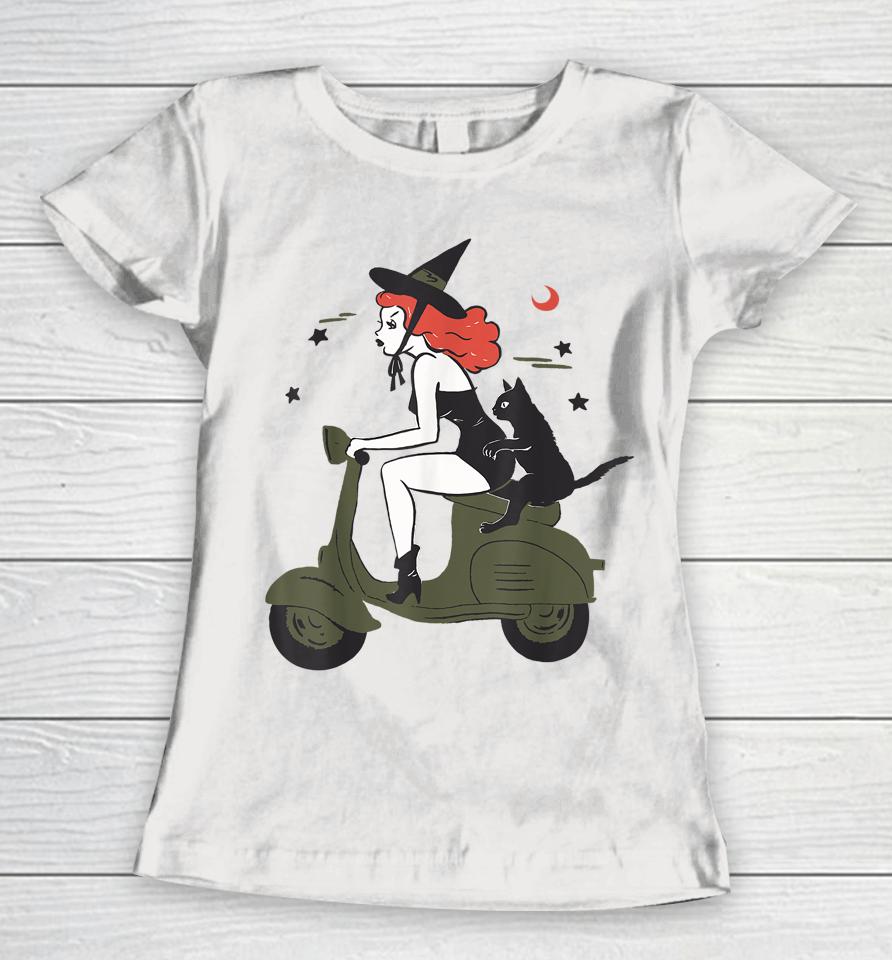 Pin Up Witch Riding Scooter Halloween Black Cat Pinup Girl Women T-Shirt