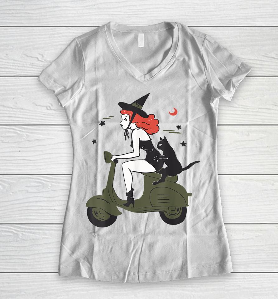 Pin Up Witch Riding Scooter Halloween Black Cat Pinup Girl Women V-Neck T-Shirt