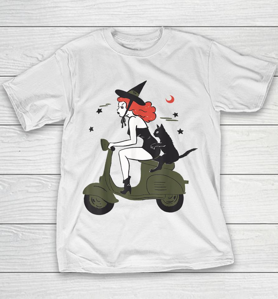 Pin Up Witch Riding Scooter Halloween Black Cat Pinup Girl Youth T-Shirt