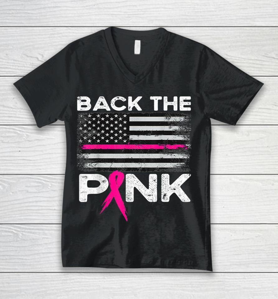 Pink Breast Cancer Awareness American Flag Back The Pink Unisex V-Neck T-Shirt