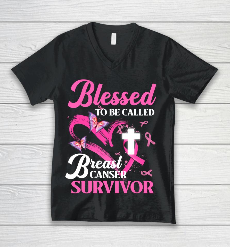 Pink Butterfly Blessed To Be Called Breast Cancer Survivor Unisex V-Neck T-Shirt