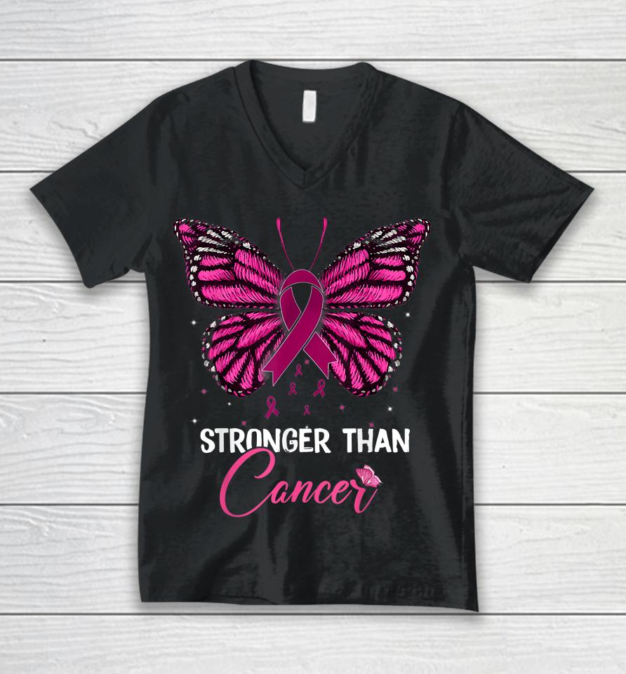 Pink Butterfly Stronger Than Cancer Breast Cancer Awareness Unisex V-Neck T-Shirt