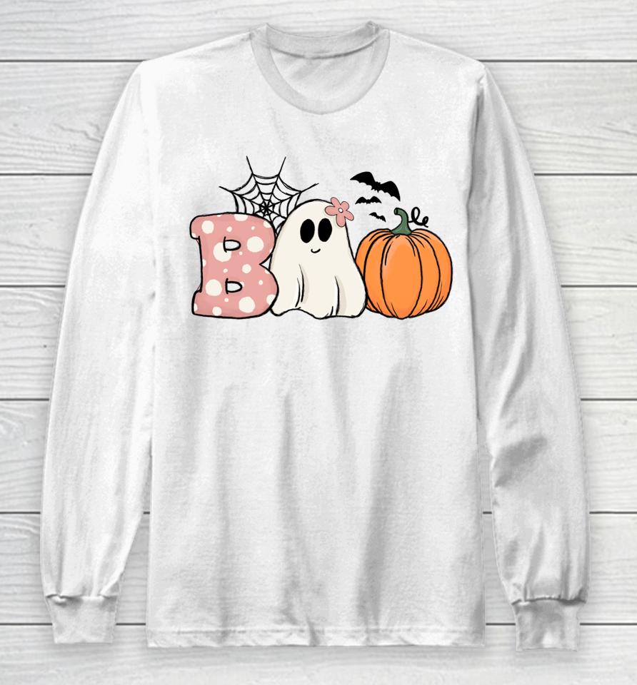 Pink Halloween Boo Hippie Ghost Pumpkin Cute Pastel Vibes Long Sleeve T-Shirt