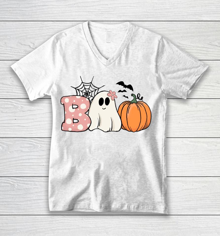 Pink Halloween Boo Hippie Ghost Pumpkin Cute Pastel Vibes Unisex V-Neck T-Shirt