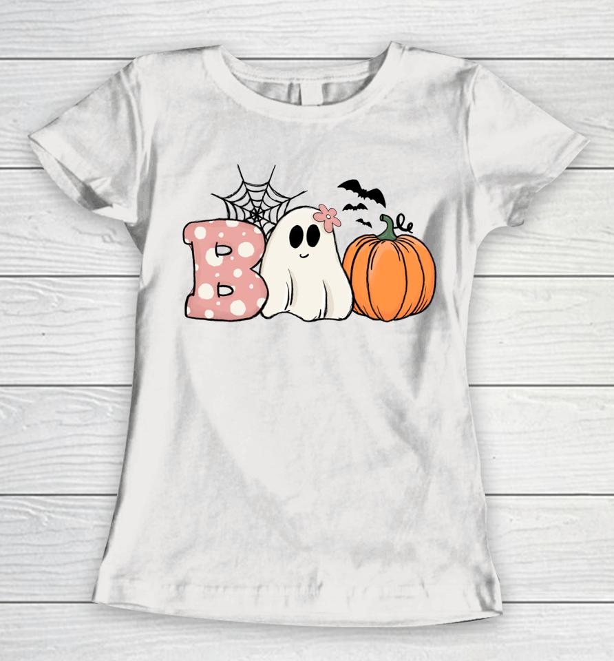 Pink Halloween Boo Hippie Ghost Pumpkin Cute Pastel Vibes Women T-Shirt