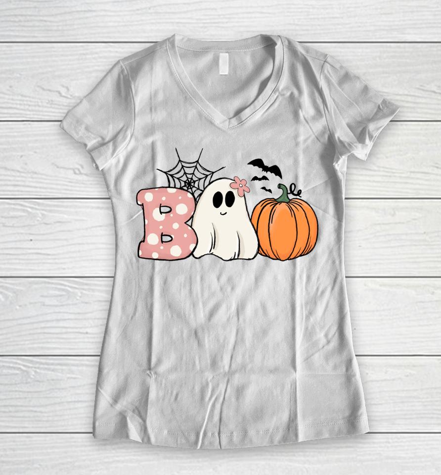 Pink Halloween Boo Hippie Ghost Pumpkin Cute Pastel Vibes Women V-Neck T-Shirt