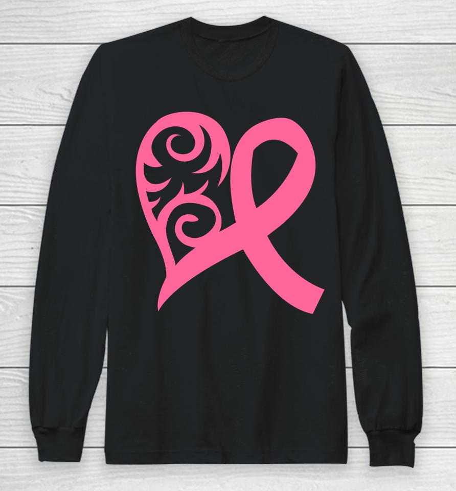 Pink Heart And Ribbon Fight Against Breast Cancer October Long Sleeve T-Shirt
