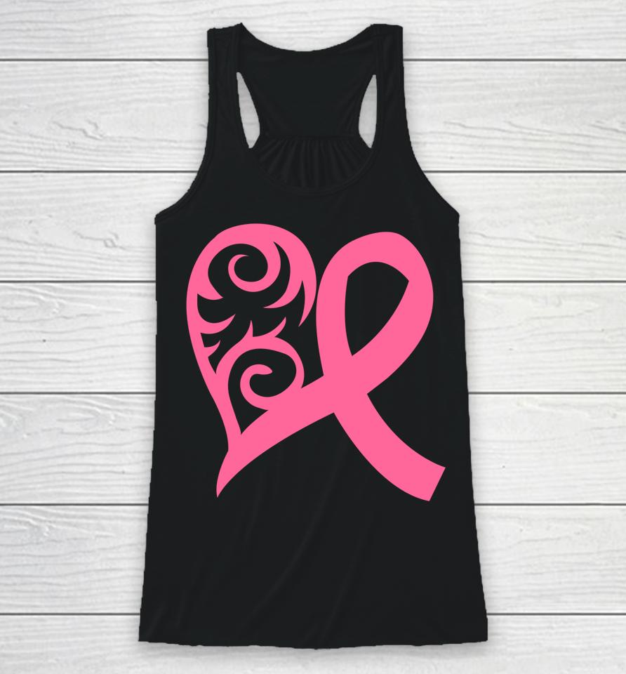 Pink Heart And Ribbon Fight Against Breast Cancer October Racerback Tank