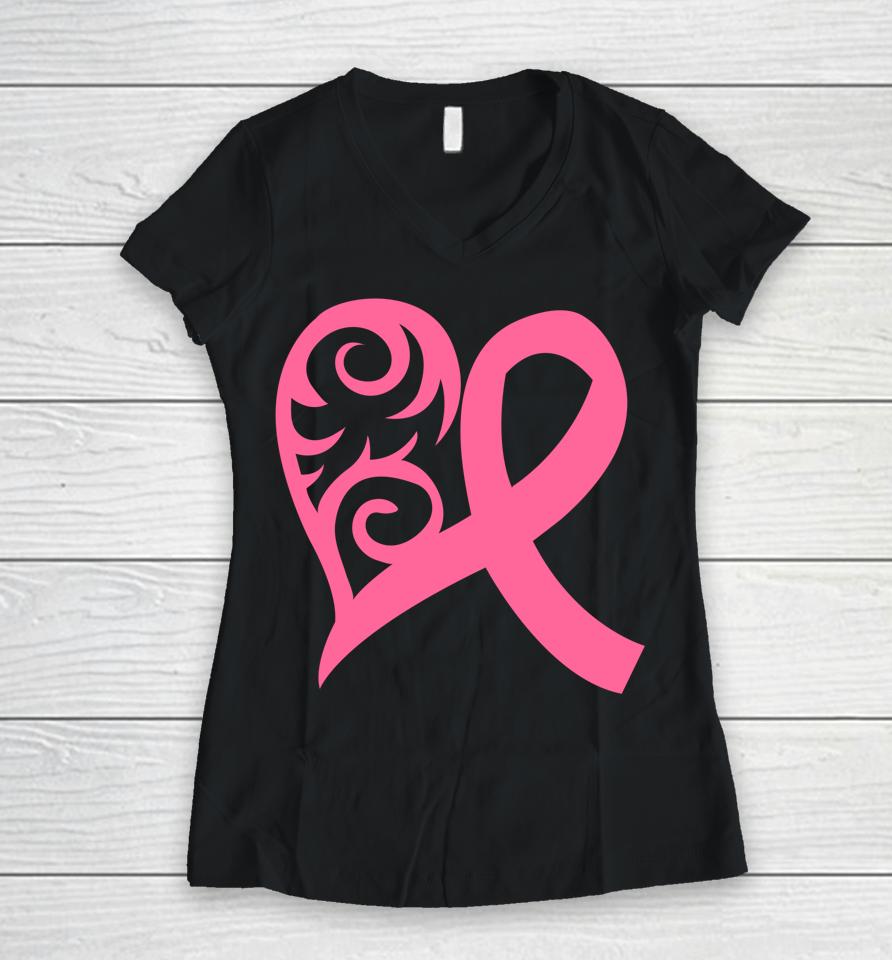Pink Heart And Ribbon Fight Against Breast Cancer October Women V-Neck T-Shirt