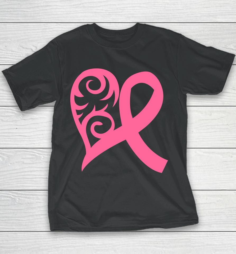Pink Heart And Ribbon Fight Against Breast Cancer October Youth T-Shirt